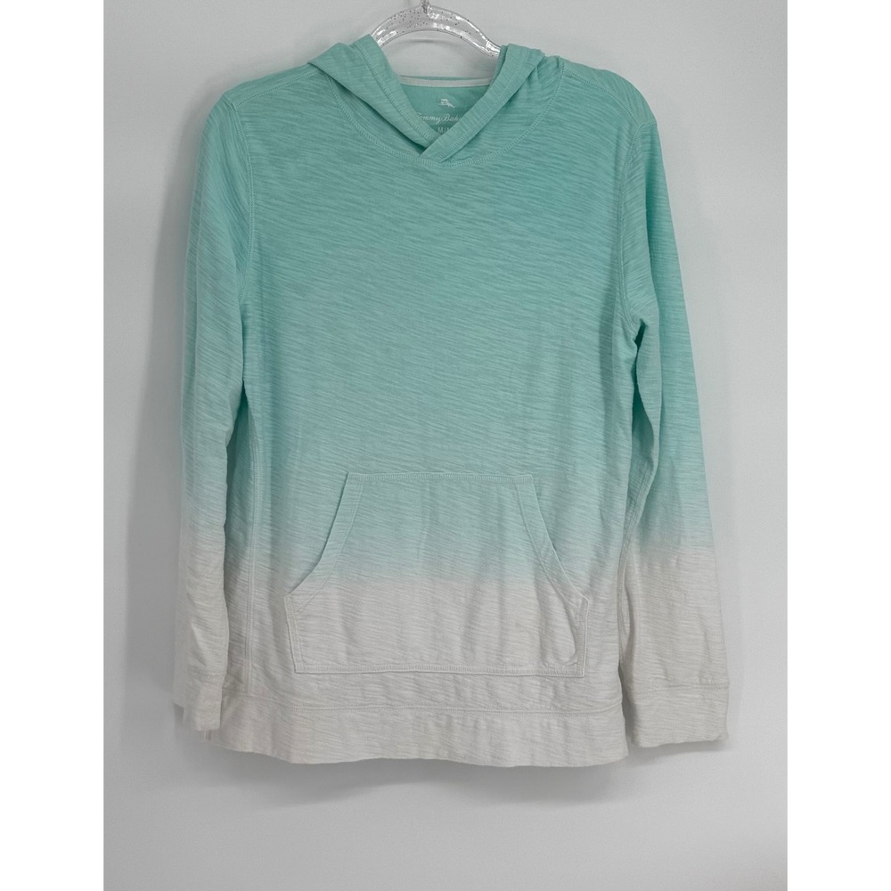 Tommy Bahama Mens Aqua White Ombre Dip Dye Cotton Slub Pullover Hoodie Sz M